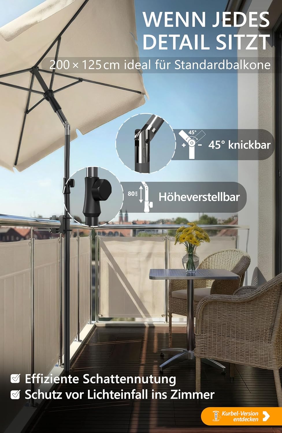 4smile Sonnenschirm Balkon, Sonnenschirm rechteckig 200x125 cm, Sonnenschutz Balkon mit UPF 50+, Bal