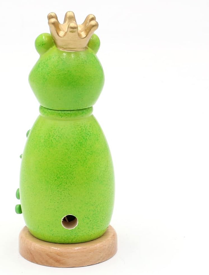 Holz Räuchermann, Räucherfigur, Räuchermännchen als Froschkönig mit Krone und Goldener Kugel in grün