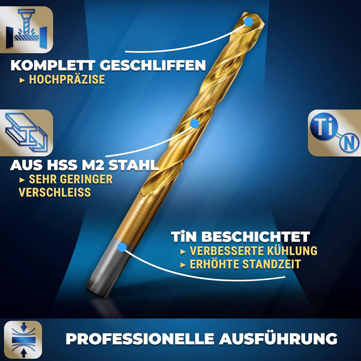 S&R Metallbohrer Set 19 Stk 1,0-10 mm in Industrie-Qualität, HSS-G TITANIUM Stahlbohrer, extra hohe