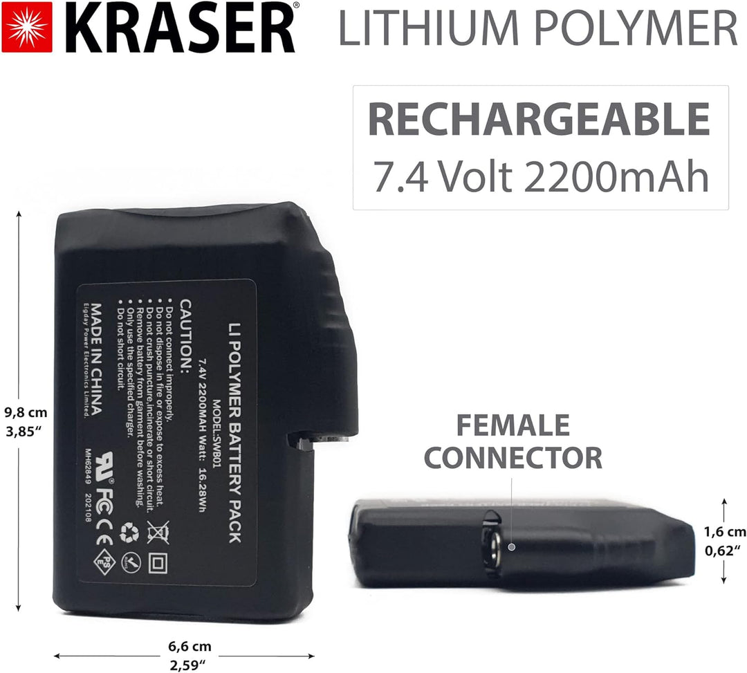 KRASER Unisex-Adult KRB01 Pack 2 Akkus für beheizte Handschuhe Bekleidung Elektrosocken, Ersatzakku,