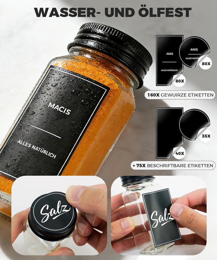 Gewürzgläser Set Eckig 24x120ml – Luftdichte Gewürzdosen Glas mit Streuaufsätzen & Etiketten – Schwa