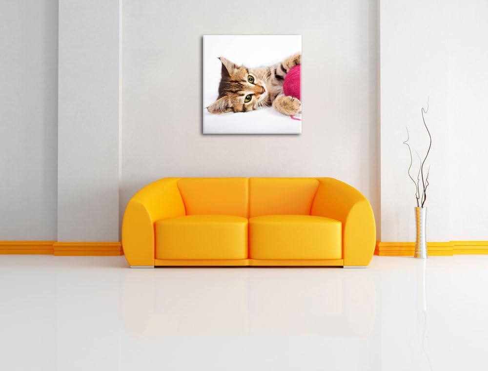 Kätzchen mit Wollknäul, Format: 70x70 auf Leinwand, XXL riesige Bilder fertig gerahmt mit Keilrahmen