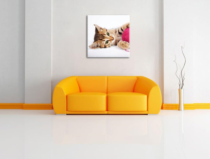 Kätzchen mit Wollknäul, Format: 70x70 auf Leinwand, XXL riesige Bilder fertig gerahmt mit Keilrahmen