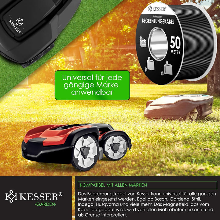 KESSER® Begrenzungskabel 50m + 200 Erdspiesse + 12 Kabelverbinder für Mähroboter Rasenmäher Rasenrob