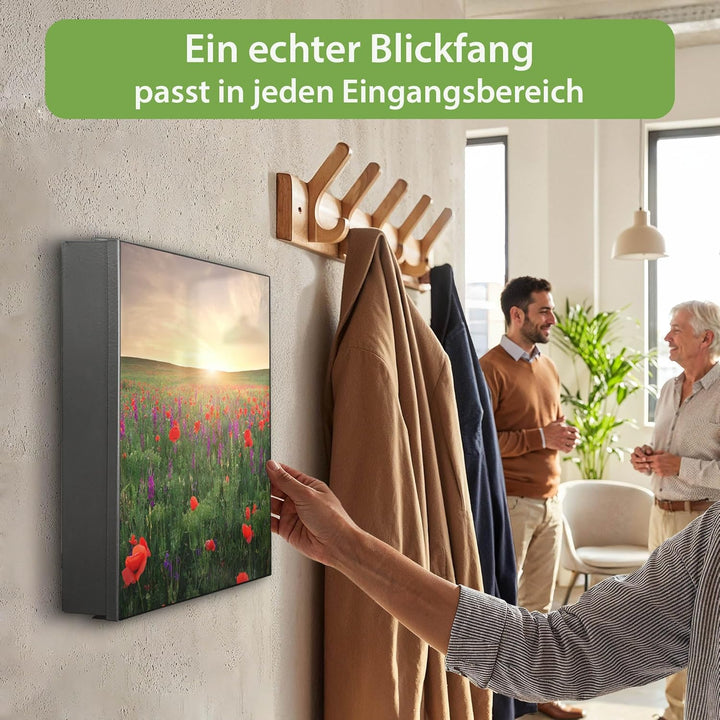 banjado® Grosser Schlüsselkasten Glas/Schlüsselbox 30cm x 30cm mit 50 Haken - Motiv Sommerfeld/Schlü