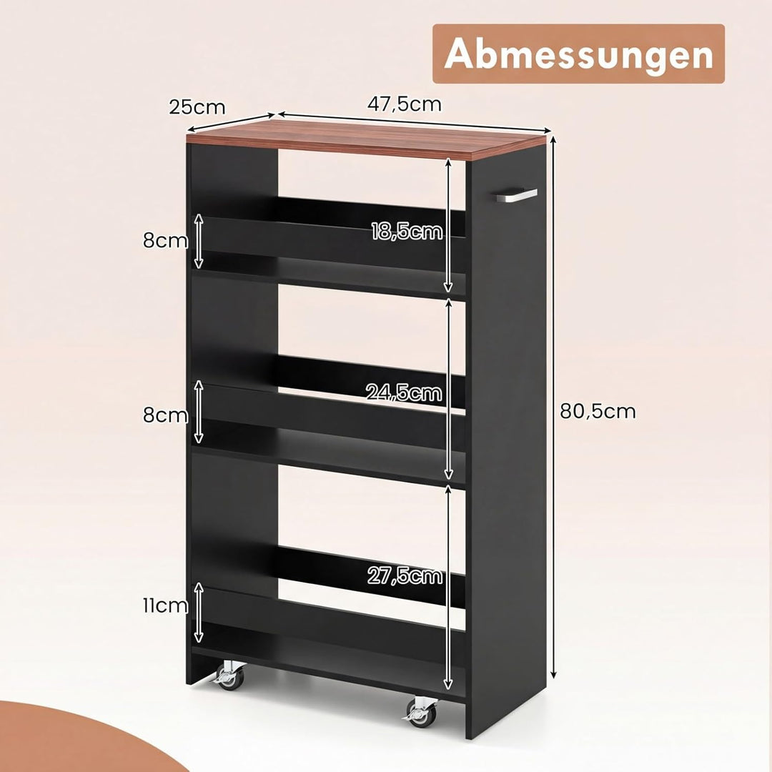 COSTWAY Nischenwagen 25cm breit, 4 Etagen Küchenwagen schmal, Nischenregal auf Rollen, Servierwagen