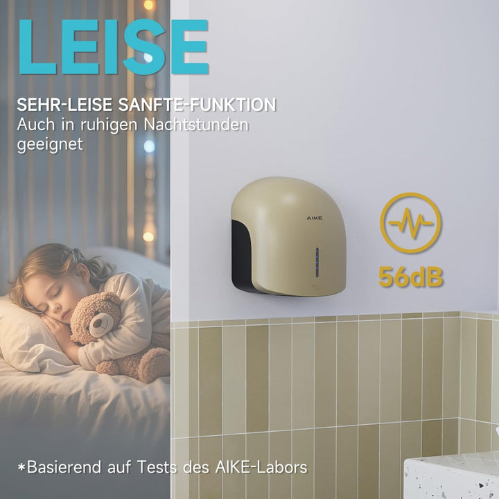 AIKE GentleAir Warmluft Handtrockner, Leise für Zuhause & Bäder, AC220V-240V, Düne Gelb, Düne Gelb