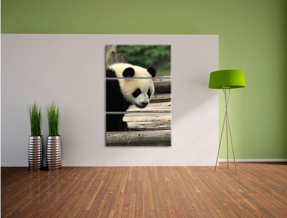 Pixxprint Panda auf Holzstämmen als Leinwandbild/Grösse: 3 Teilig (120x80) cm/Wandbild/Kunstdruck/fe