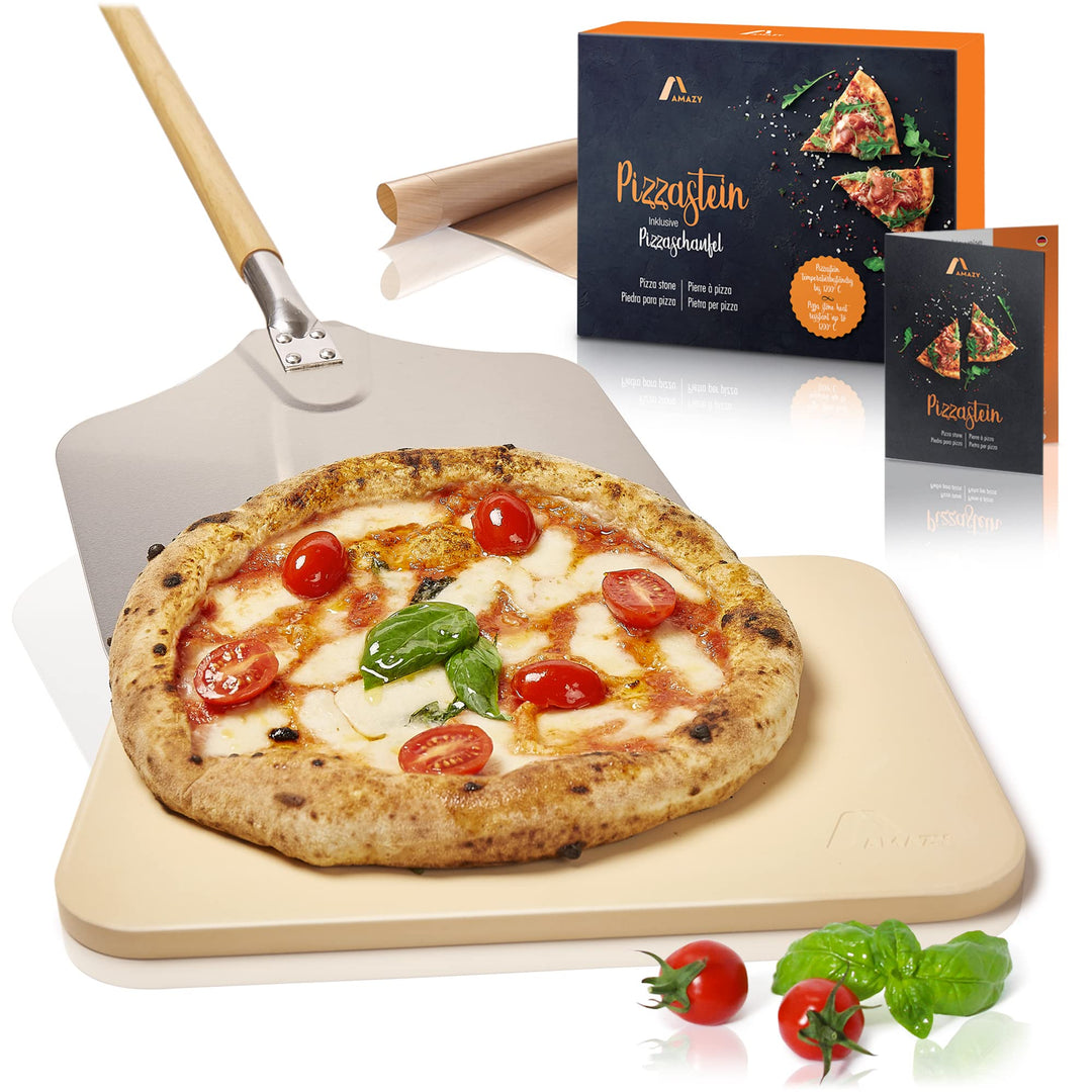 Amazy Pizzastein inkl. Aluminium Pizzaschaufel, Dauerbackfolie und Rezepte Heft – Der hitzebeständig