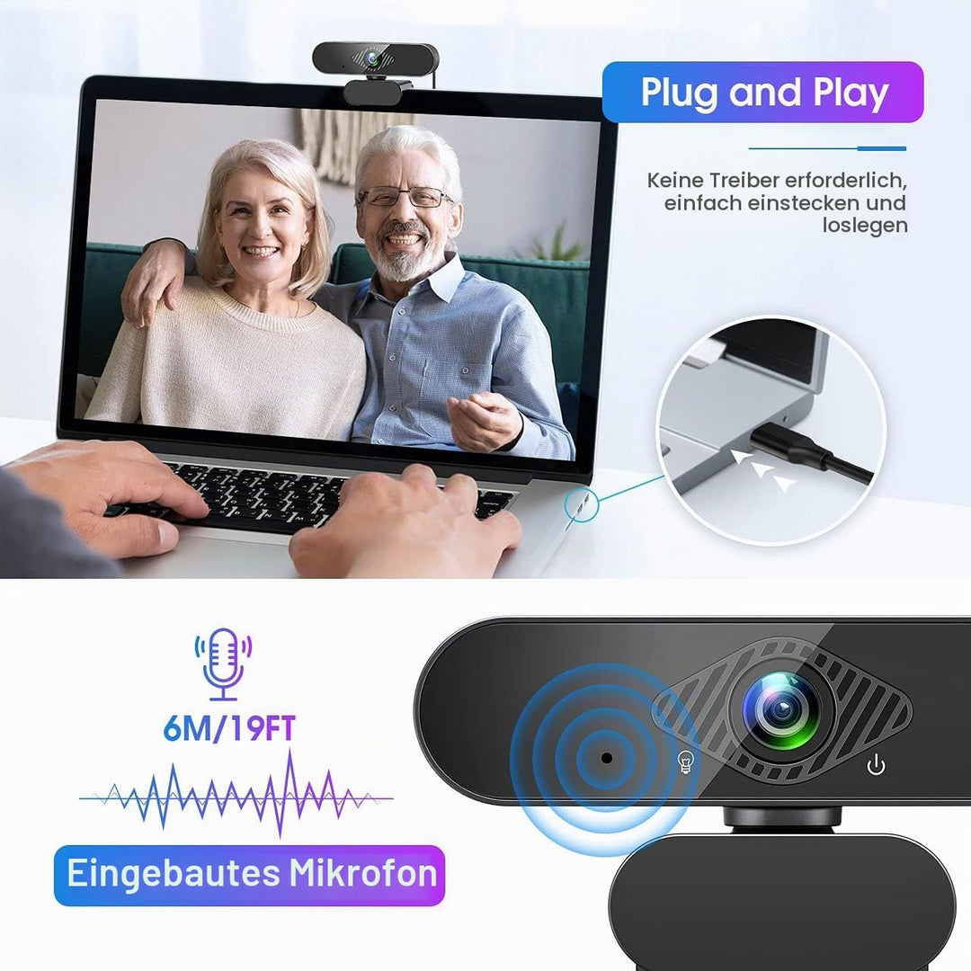Webcam mit Mikrofon, 1080P Web PC Kamera mit 120° Blickfeld, Belichtungskorrektur und Drehbarem Clip
