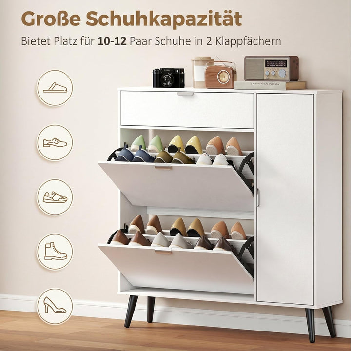 HOMCOM Schuhschrank mit 2 Klappen, Schmal Schuhkipper mit 2 Soft-Close-Türen mit Lederoptik, Verstel