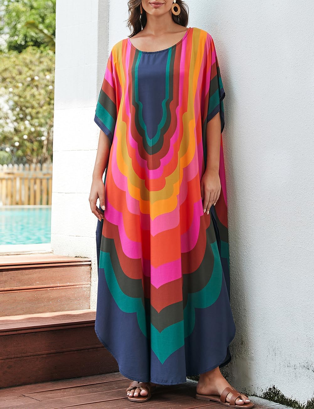 Bsubseach Damen Strandkleid Ethnic Print Kaftan Beach Maxi Kleider A-bunte Geometrie, A-bunte Geomet