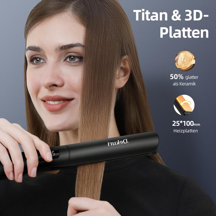 Dekuri 2 in 1 Glätteisen Locken und Glätten, Glatte Titanplatte Haarglätter, 30s Schnellaufheizung,