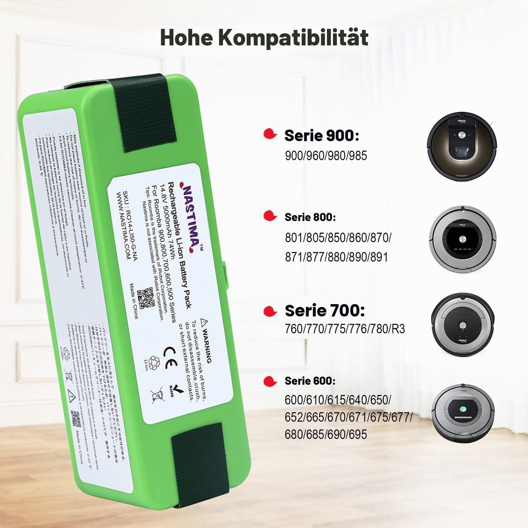 NASTIMA Xlife Lithium-Ionen-Akku, 14,4 V, 5200 mAh, kompatibel mit iRobot Roomba 985 980 966 960 895