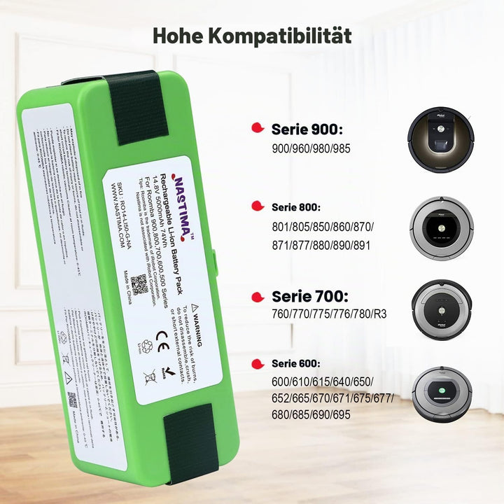 NASTIMA Xlife Lithium-Ionen-Akku, 14,4 V, 5200 mAh, kompatibel mit iRobot Roomba 985 980 966 960 895