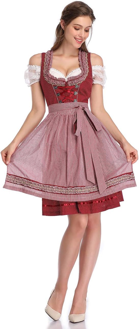 KOJOOIN Trachtenkleid Damen Dirndl Kurz Midi 3tlg. für Oktoberfest-DREI Teilig: Kleid, Bluse, Schürz