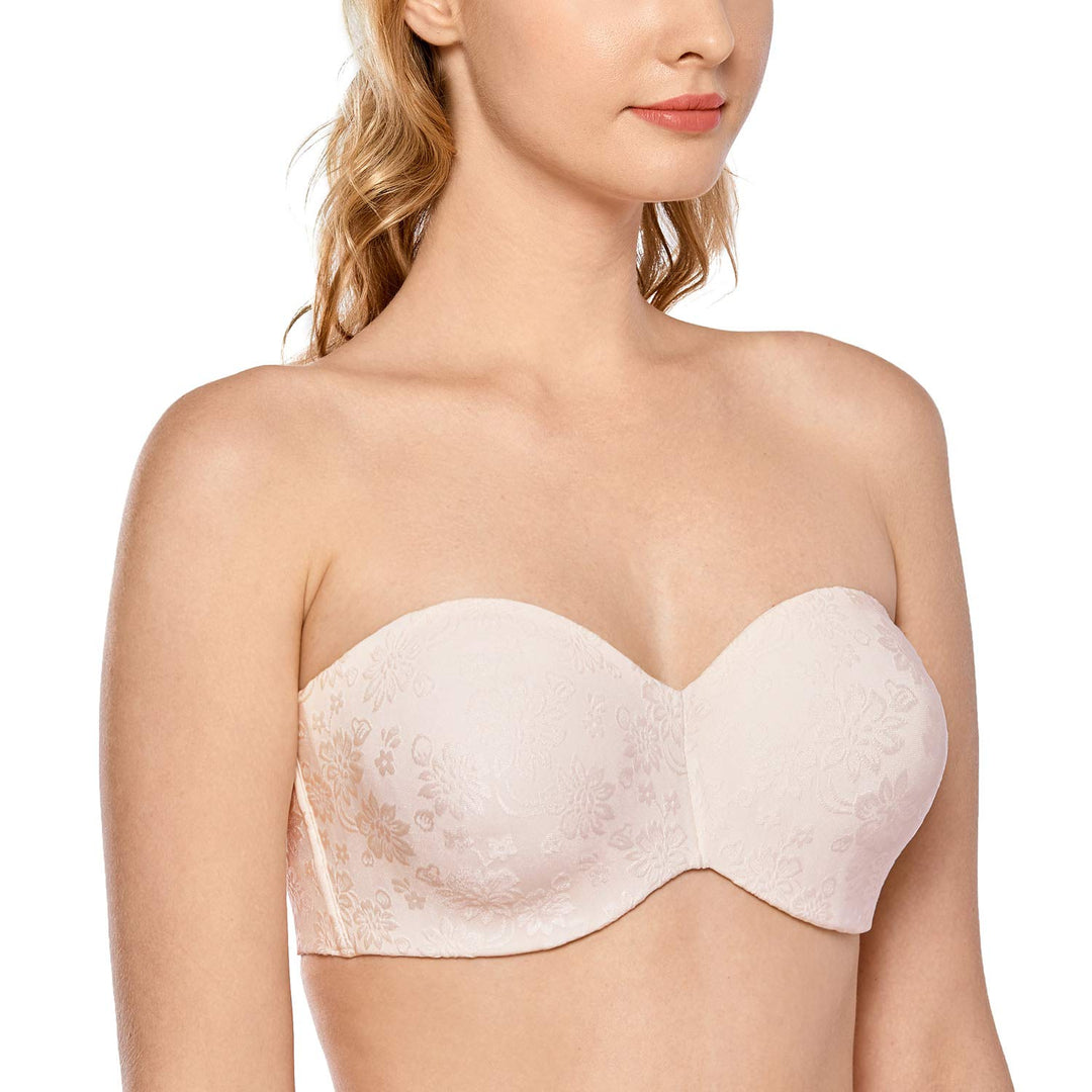 DELIMIRA Damen Jacquard Trägerloser BH Grosse Grössen mit Bügel Bandeau BH ohne Träger ohne Polster