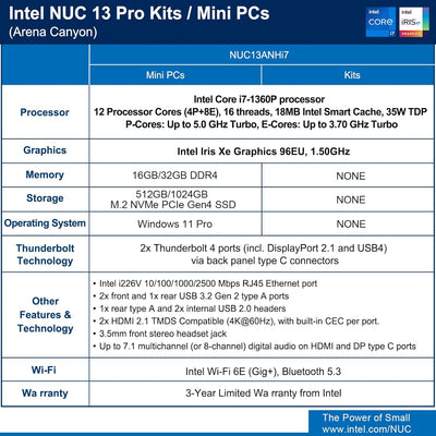 Intel NUC 13 Pro NUC13ANHi7 Arena Canyon Mini PC, Core i7-1360P, 32GB RAM, 1TB SSD, Mini Computer Wi