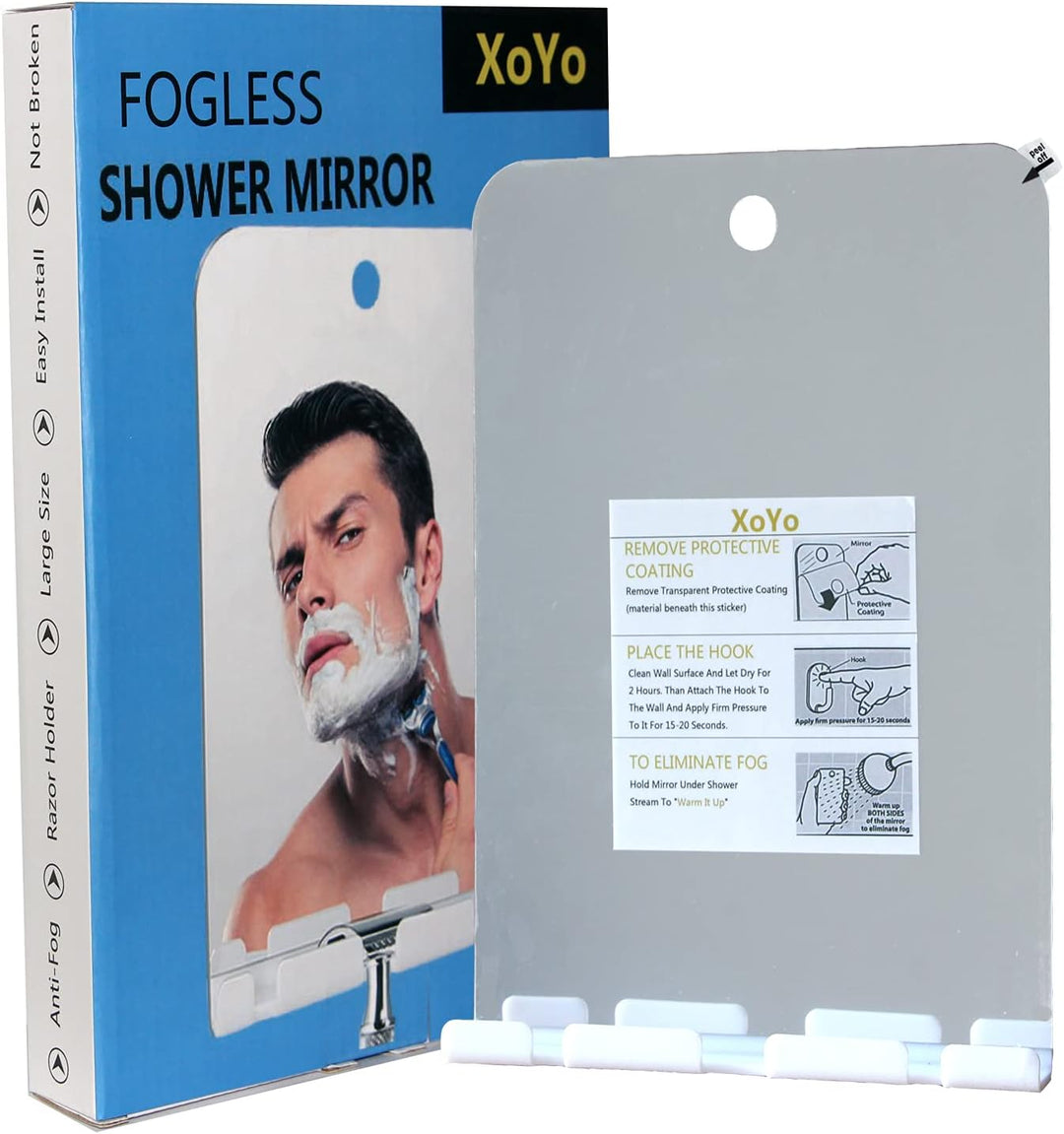 XoYo Beschlagfreier Duschspiegel, inklusive 1 Klebehaken, Anit-Beschlag-Duschspiegel, Dusch-Make-up-