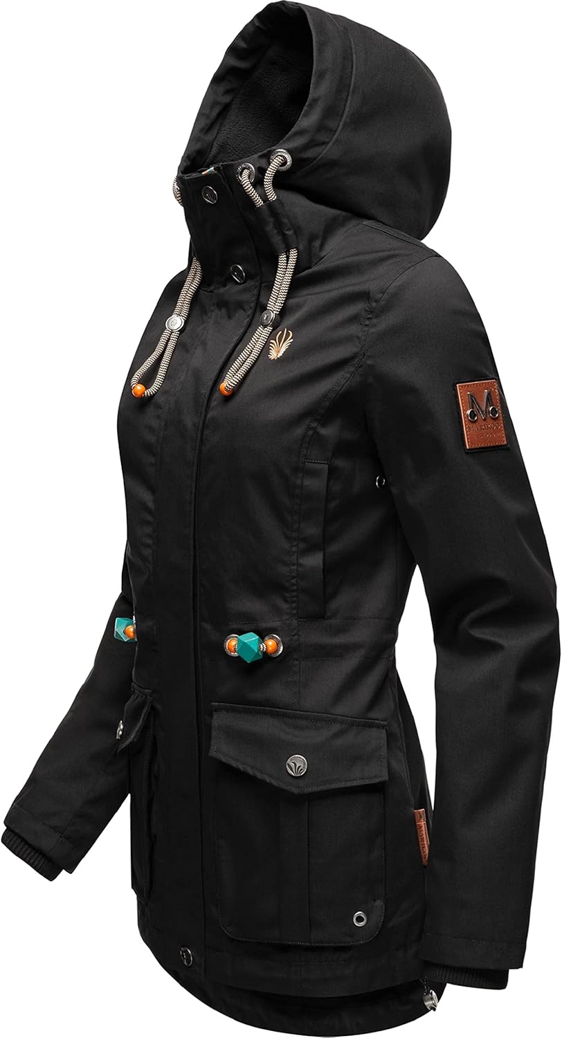 MARIKOO Damen Parka Übergangs-Jacke leicht gefüttert mit Kapuze Babetaa XS-3XL XS Schwarz, XS Schwar