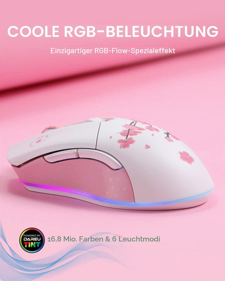 DAREU Sakura Pink Wireless Wired Gaming Mouse, Dual-Mode Wiederaufladbar, 6 Programmierbare Tasten,