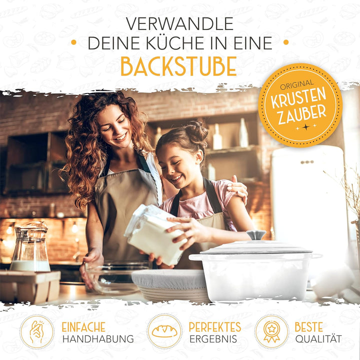 KRUSTENZAUBER Gusseisen Topf Brot backen emailliert inkl. Gärkorb - 26cm Emaille-Topf samt Zubehör -