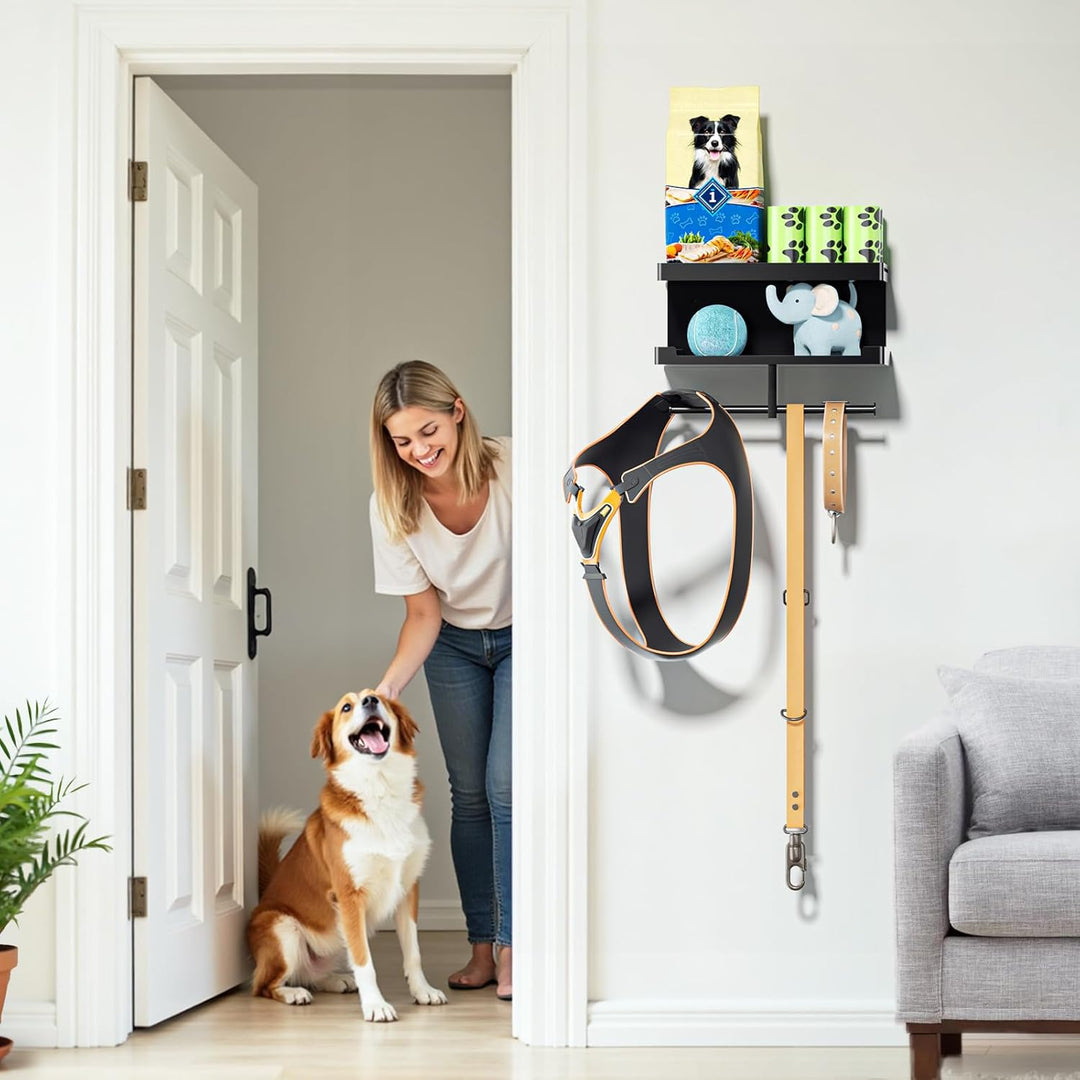 Hundegarderobe mit Ablage, Hundeleinen Halterung Wand, Schwarz Wandhalter für Hundeleine, Metall Hun