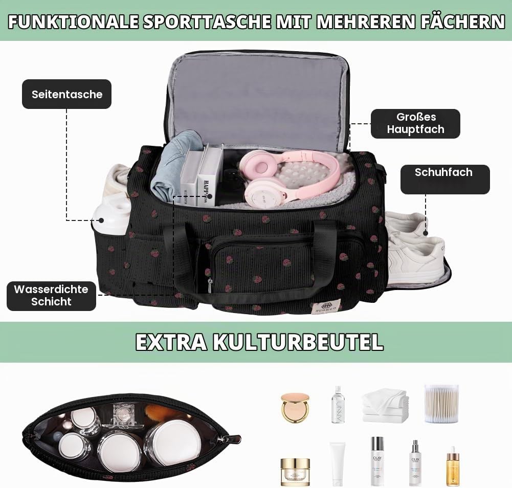 Sporttasche Damen, Sporttasche Kinder, Faltbare Reisetasche Weekender mit Schuhfach Nassfach, Reiset