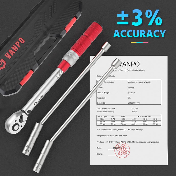 VANPO Drehmomentschlüssel 3/8 Zoll, 5-60Nm Drehmomentschlüssel Motorrad & Auto Set, ± 3% Fehlergenau