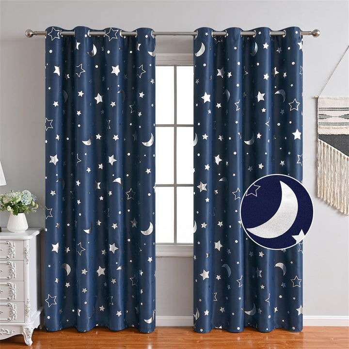 Freyamy Vorhang Blickdicht Dunkelblau Mond Sternenvorhänge 2 Stück,130x100cm (HxB) Niedliche Vorhäng