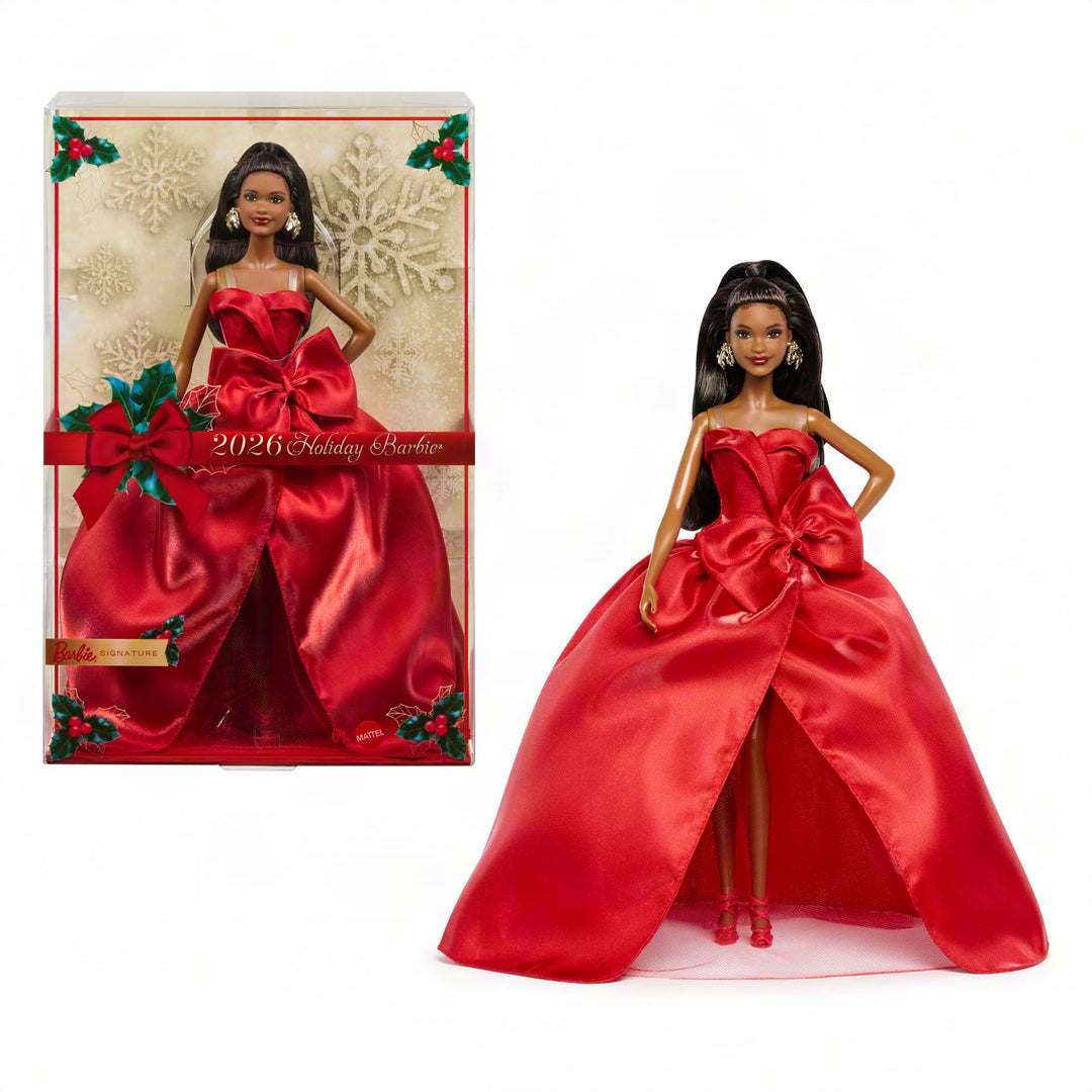 Barbie Signature-Puppe, Holiday 2026, schwarzhaarige Modepuppe | mit Schleifenkleid in Rot, saisonal