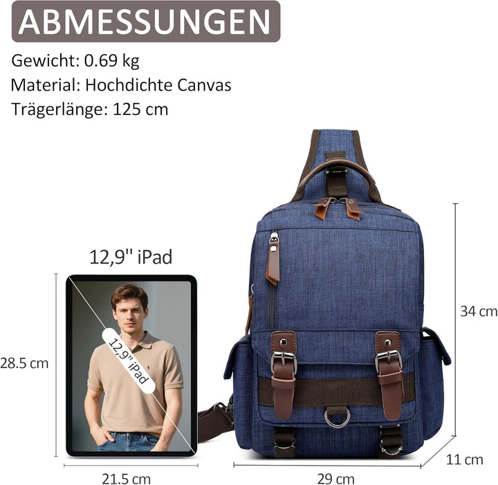 DORRISO Brusttasche Herren Mode Grosse Kapazität Schultertasche für 10,9 Zoll iPad mit Griff Mehrere