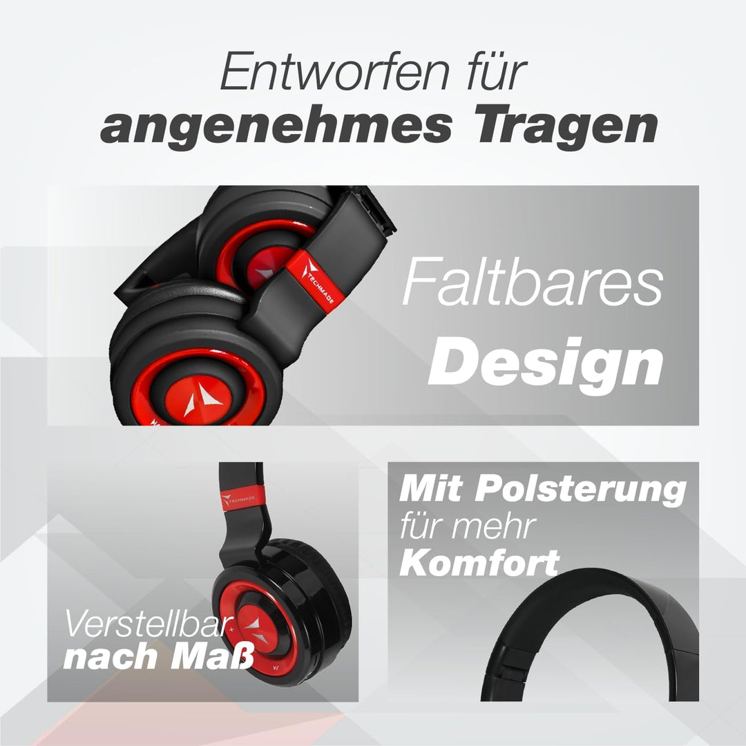 Techmade TM-046 Bluetooth-Kopfhörer – Faltbar, Over-Ear, Mikrofon, FM-Radio, SD-Karten-Slot, (rot)