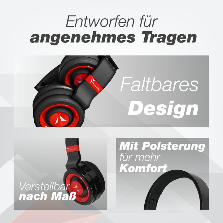 Techmade TM-046 Bluetooth-Kopfhörer – Faltbar, Over-Ear, Mikrofon, FM-Radio, SD-Karten-Slot, (rot)