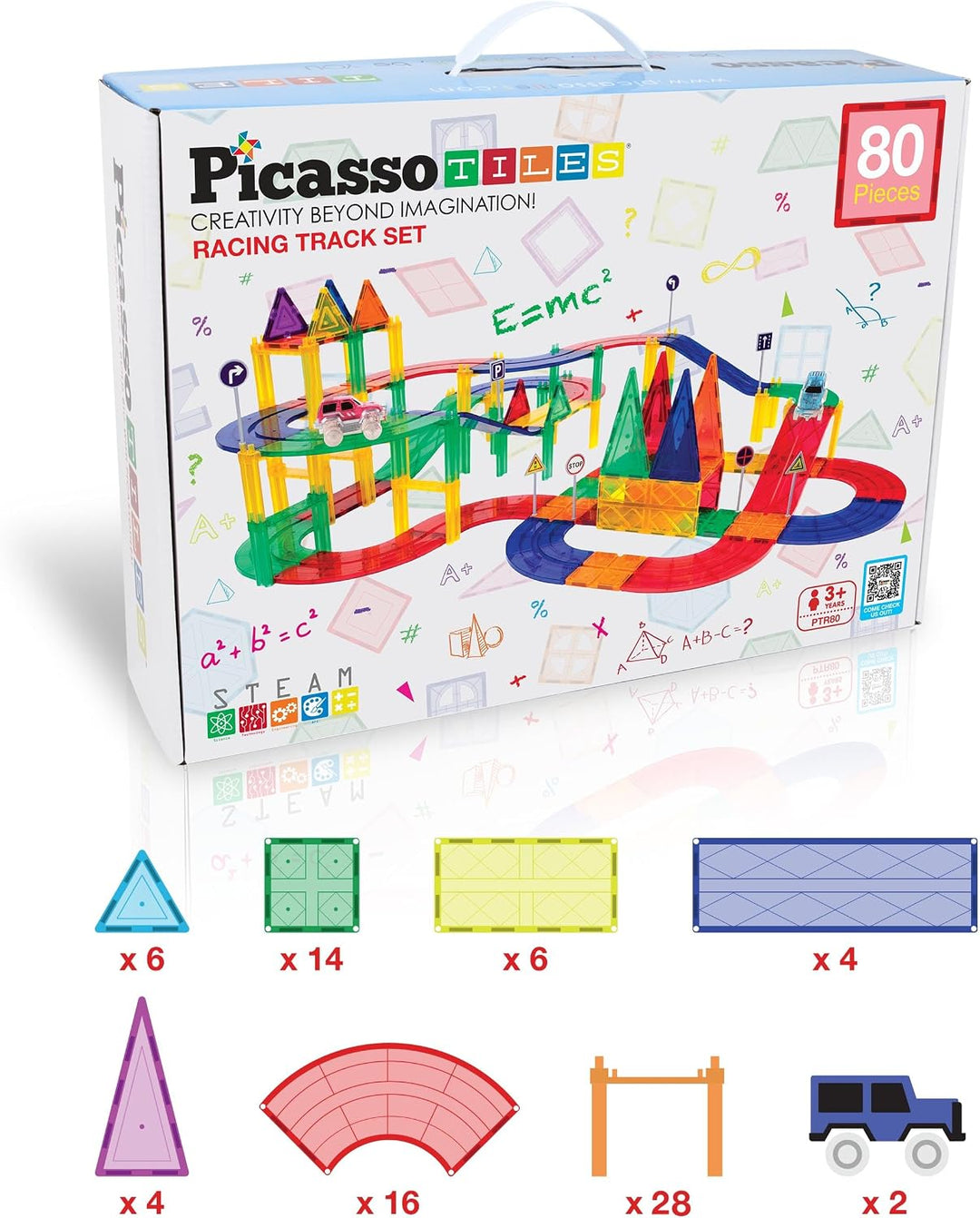 PicassoTiles 80 Stück Rennwagen Bahn Baustein Lernspielzeug Set Magnetische Fliesen Magnet DIY Spiel