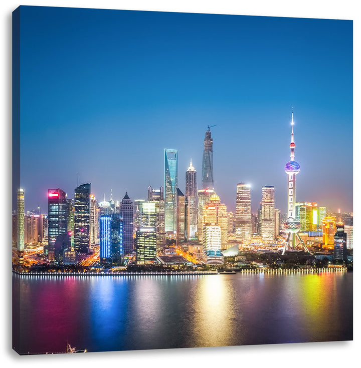 Shanghai Skyline, Format: 70x70 auf Leinwand, XXL riesige Bilder fertig gerahmt mit Keilrahmen, Kuns