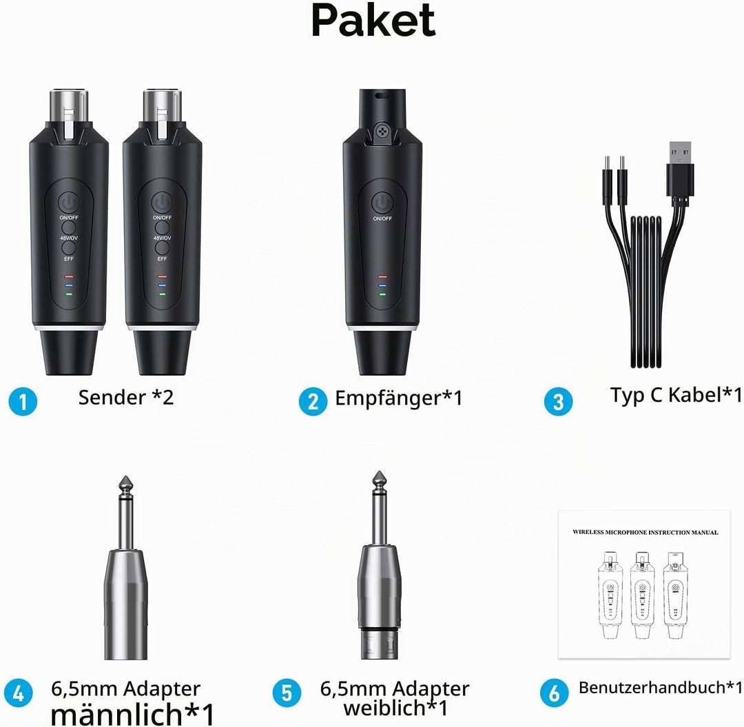 2.4G XLR Mikrofon Wireless Sender Empfänger 1 zu 2 Kabelloses Mikrofon für Dynamisches Mikrofon Kond