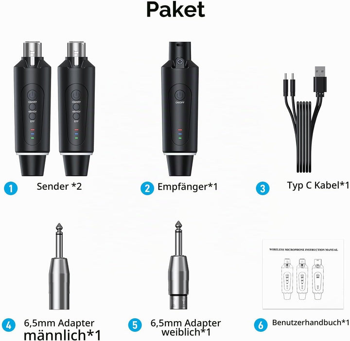2.4G XLR Mikrofon Wireless Sender Empfänger 1 zu 2 Kabelloses Mikrofon für Dynamisches Mikrofon Kond