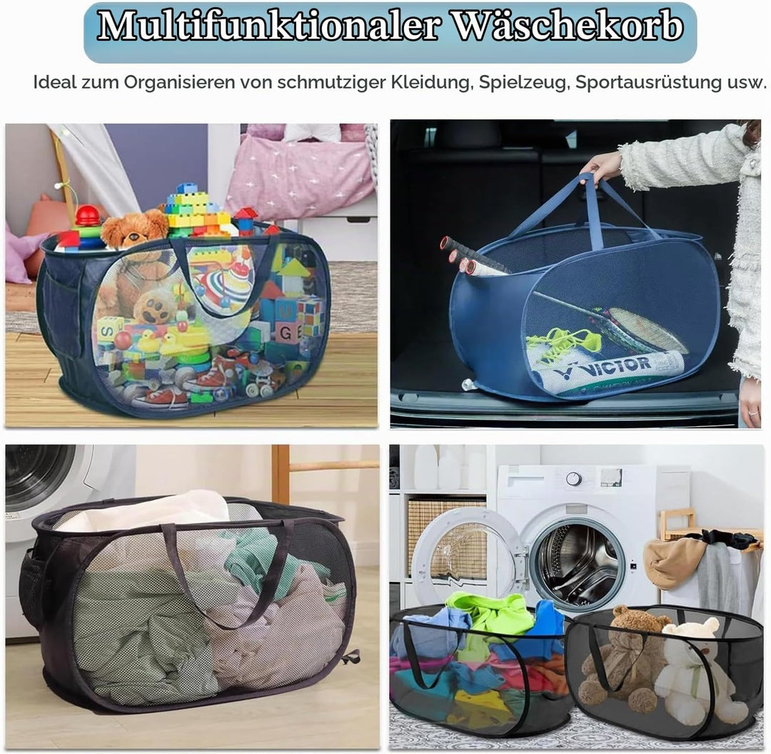 3er Set Pop-up Wäschekorb Faltbar, Laundry Baskets mit Henkel, Klappbarer Wäschesammler aus Mesh, fü