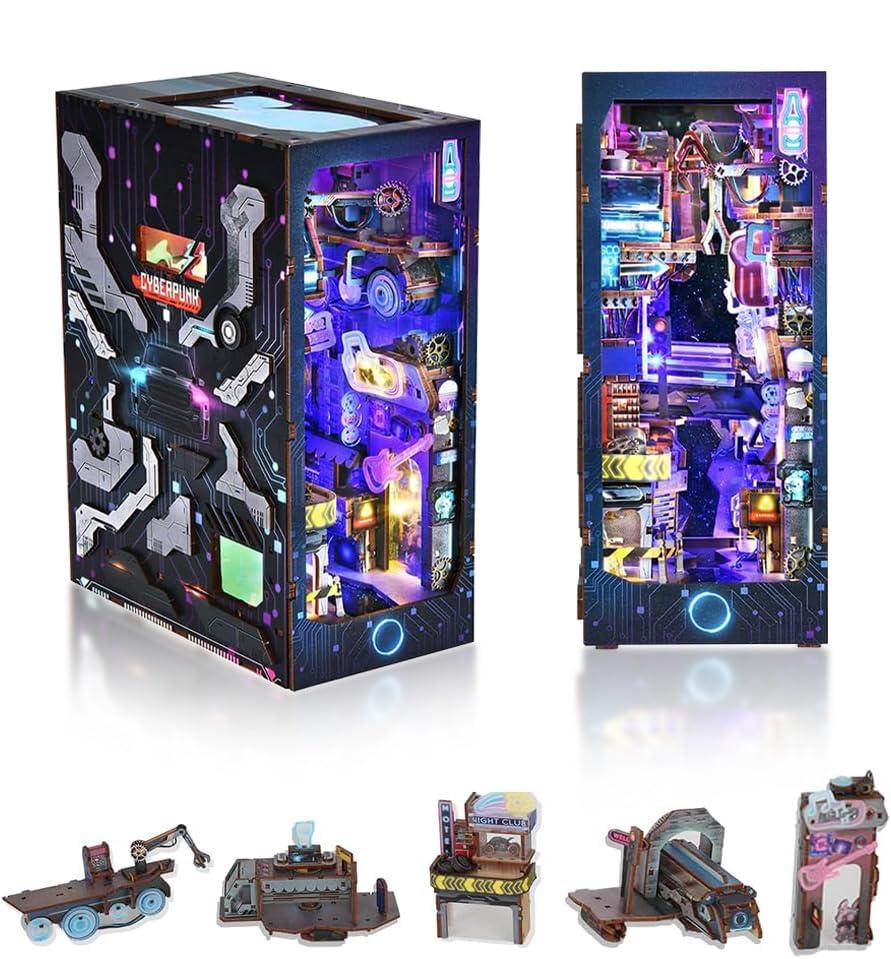 DIY Book Nook Kit, Puppenhaus-Bücherregal-Einsatz, Dekoration, 3D-Holzpuzzles mit LED, Miniatur-Set,