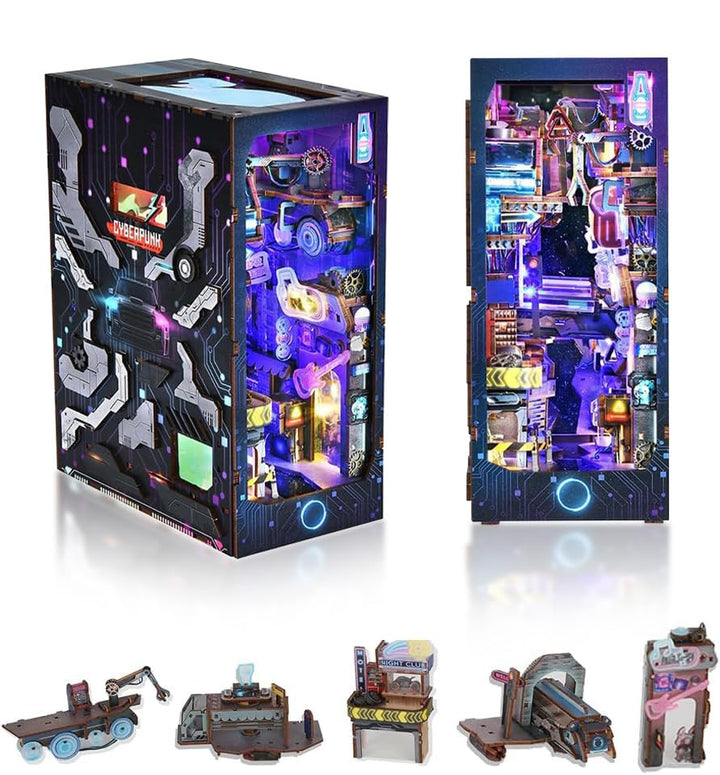 DIY Book Nook Kit, Puppenhaus-Bücherregal-Einsatz, Dekoration, 3D-Holzpuzzles mit LED, Miniatur-Set,