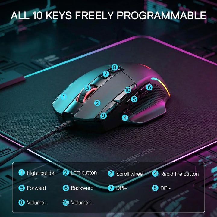 Redragon M925 Kabelgebundene Gaming-Maus, 24.000 DPI Optische Maus 10 programmierbaren Tasten, ergon