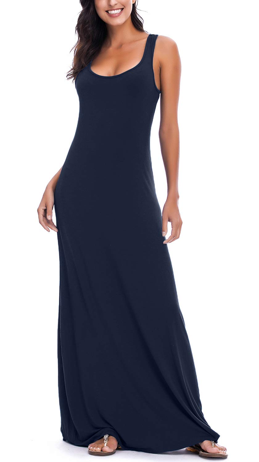 EXCHIC Damen Casual Solide Ärmellos Maxi Kleid Sommer Sexy Strand Tank Top Kleider M Marine Blau, M