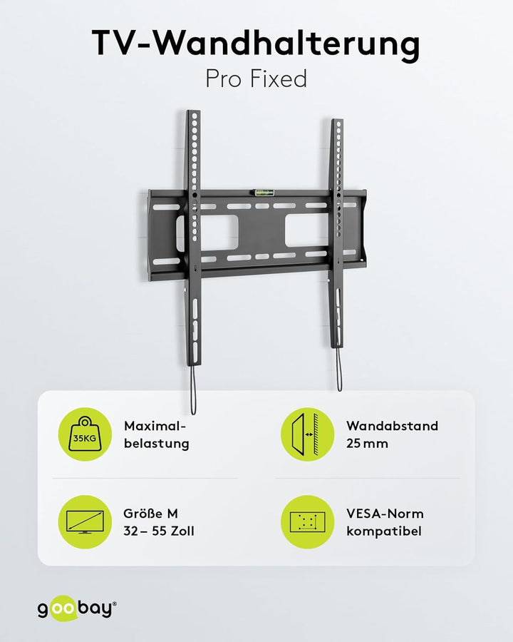 goobay 49890 TV-Wandhalterung Pro Fixed (M), 32" bis 55" (81-140 cm), 50 Kg, einfache & sichere Befe
