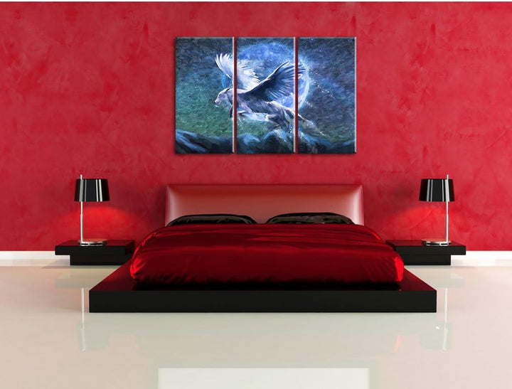 Pixxprint Wolf mit Flügeln Kunst / 3-Teilig/Gesamtmass 120cm Leinwandbild bespannt auf Holzrahmen/Wa