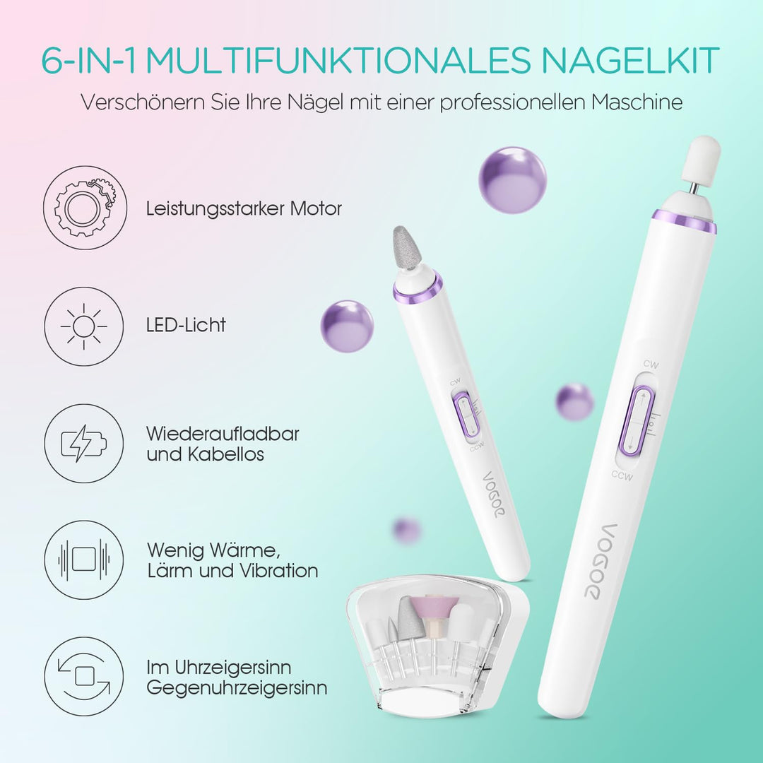 VOGOE Elektrische Nagelfeile, Kabelloser Nagelfräser mit LED-Licht, Einstellbare Geschwindigkeit &amp; 2
