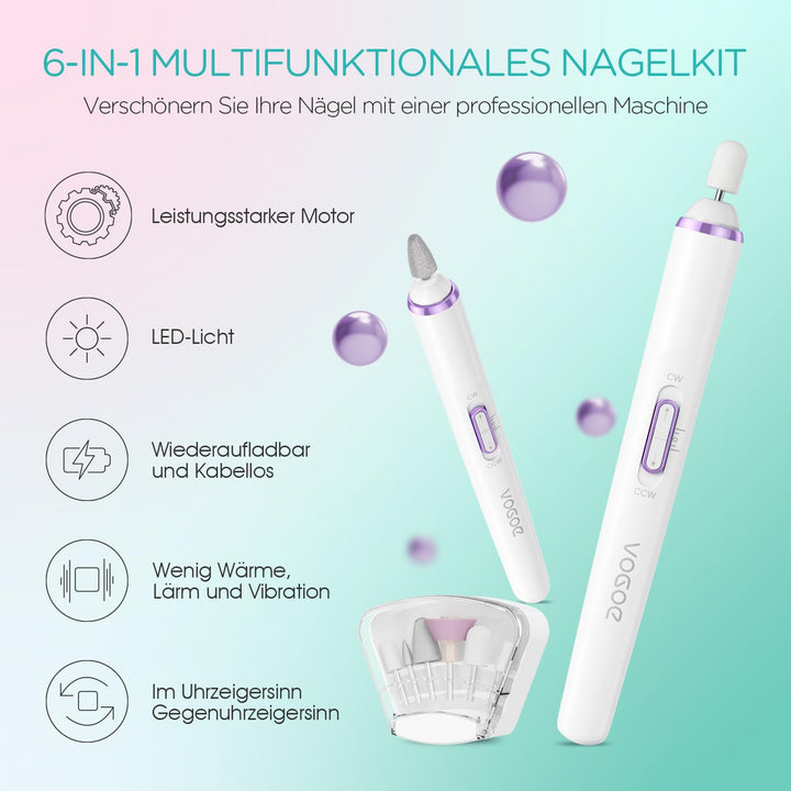 VOGOE Elektrische Nagelfeile, Kabelloser Nagelfräser mit LED-Licht, Einstellbare Geschwindigkeit &amp; 2