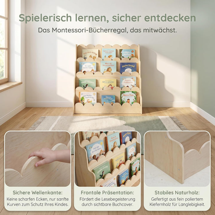Kinderbuchregal aus Holz mit Wellenkanten, Frontal-Bücherregal mit 5 Ebenen | Stabiler Kinder-Buchst
