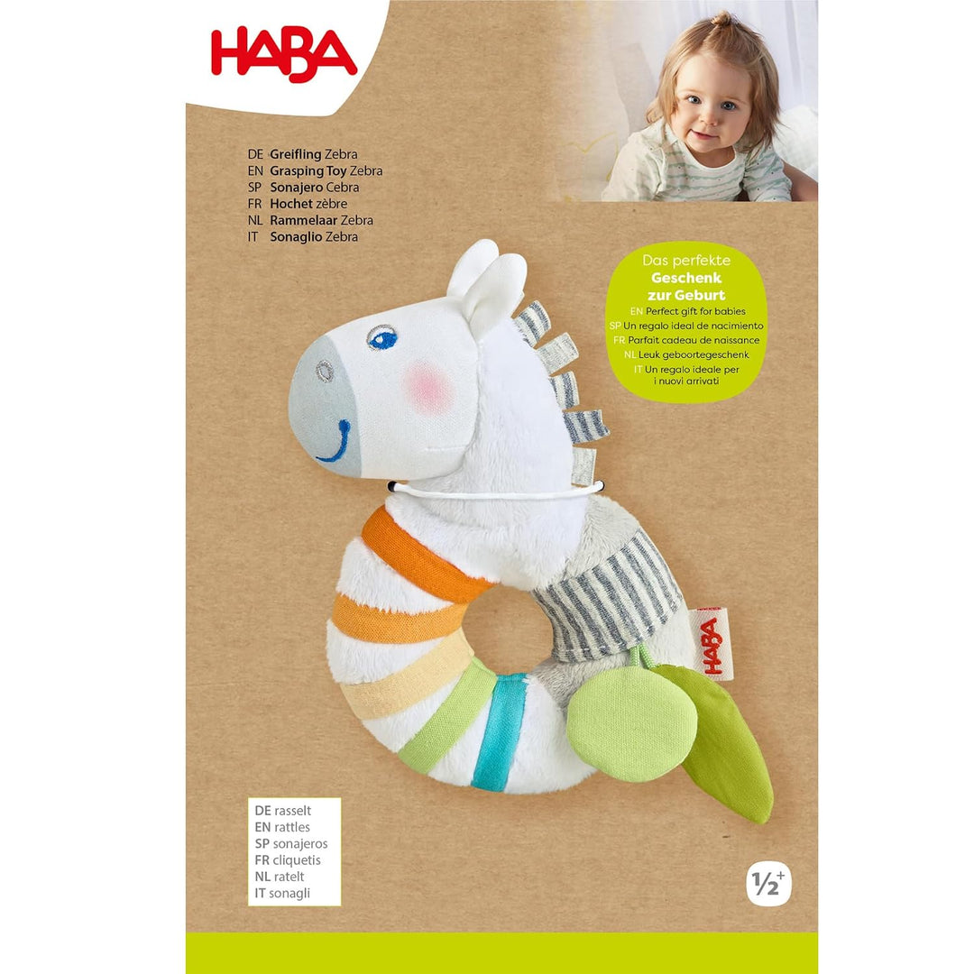 HABA Greifling Zebra – Plüsch-Greifspielzeug für Babys mit Rassel & extra-weichem Stoff – Fördert Si