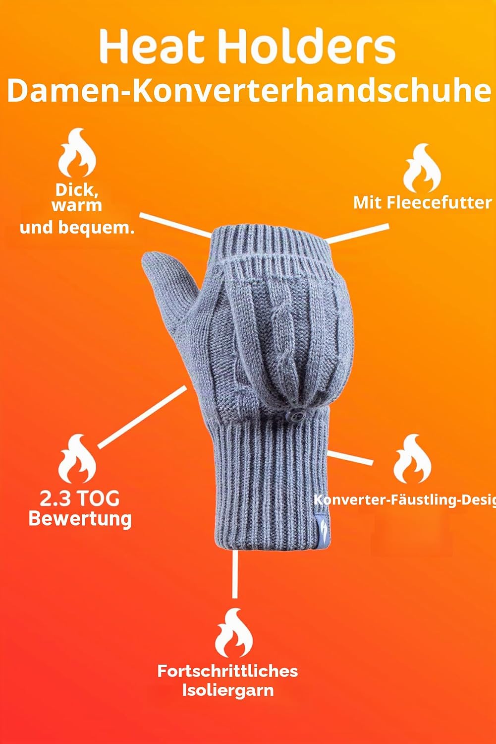 HEAT HOLDERS Fingerlose Damen-Thermo-Konverter-Handschuhe mit Zopfmuster, 2,3 Tog Violett, Violett